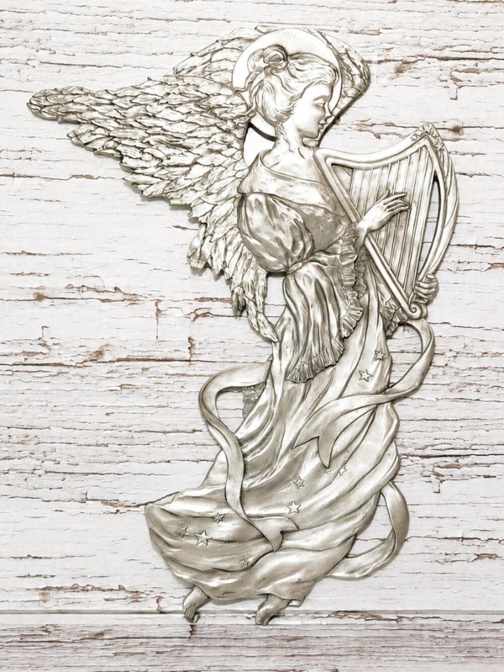 Large Heavy Seagull Pewter Angel Playing Harp Wall Hanging Plaque 1990 Canada